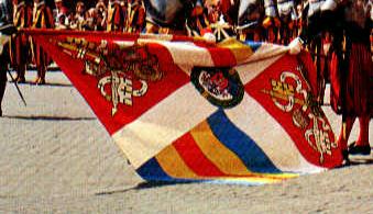 one of a series of regimental flags, this features the colours of el seu de Urgell i Andorra in quarters.