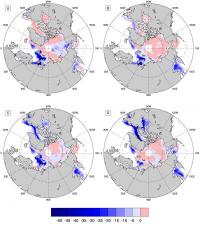 These maps show the differences in Arctic sea ice concentration relative to the long-term average for the winters of (A) 2007-2008, (B) 2008-2009, (C) 2010-2011 and (D) 2010-2011. The lowest levels of Arctic sea ice have been measured between 2007 and 201
