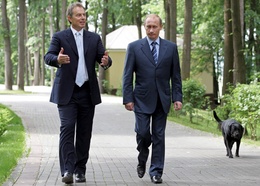 Blair, Putin & Putin's doggy. This was several weeks after the Russians accused MI6 of faking rocks & trees in Moscow putting cameras & eavesdropping gadgets in them. Don't they make a lovely pair?