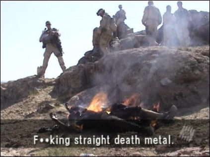 The caption on the image is what one of the soldiers was saying as he watched the bodies burn.