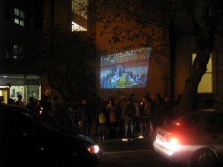Films being projected during a Nigerian Shell victims vigil,November 2007