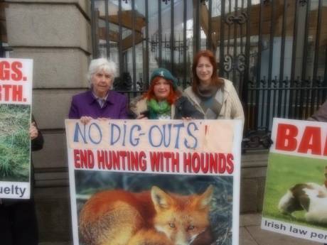 Maureen O' Sullivan TD, Bernie Wright, and Clare Daly TD at anti blood sports demo outside Dail