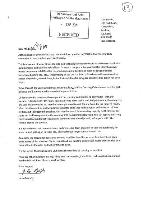 The controversial letter sent by Mallow Coursing Club to the NPWS