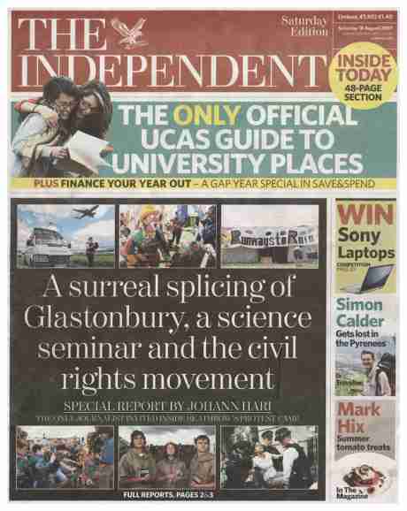 Front page of The Independent (UK) of Saturday, August 18th, 2007
