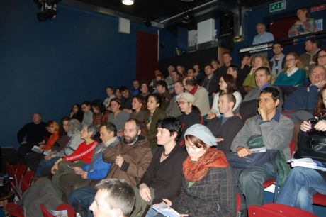 A packed out Connolly Books New Theatre