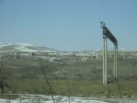 Abandoned and destroyed Azeri village, and destroyed railway now within Armenian borders 