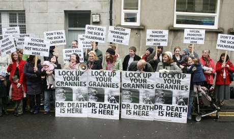 'Pro-life' protesters outside Seomra Spraoi yesterday during the assisted suicide workshop. Pic: William Hederman
