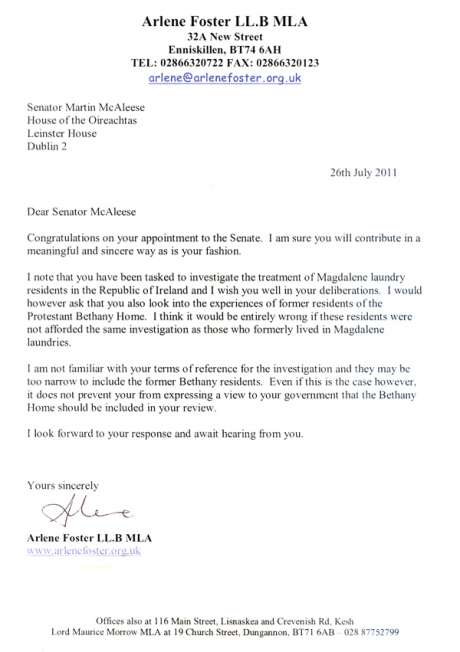 Arlene Foster letter to Martin McAleese