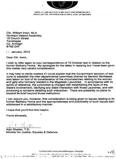 Alan Shatter letter to William Irwin MLA