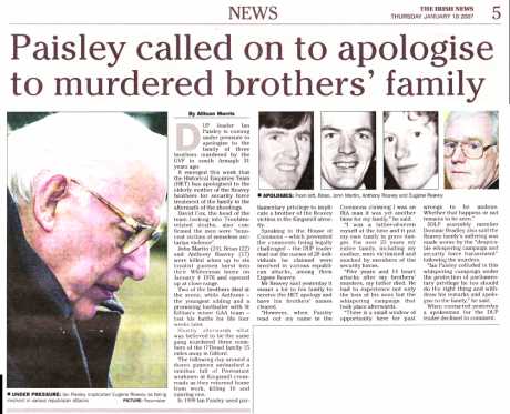 Ian Paisley asked to apologise for siding with RUC killers against one of their victims 