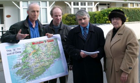 Minister of Defence  Willie ODea T.D.  was presented with over 100 letters urging government action to hold Israel to account for its crimes against the Palestinian people. Left to right: Sean Clinton, Michael Geraghty, Minister Willie ODea T.D. and Bri