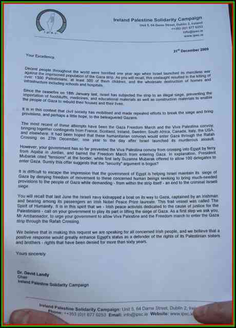 Photo of the IPSC letter to the Egyptian ambassador to Ireland (courtesy of Michael Gallagher)