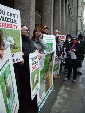 Prosters against live hare coursing outside Dept of Agriculture. January 30th 2012.