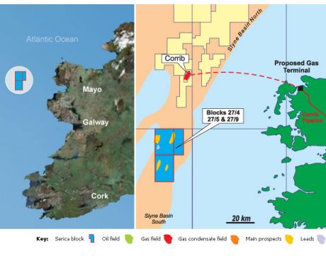 This Serica map shows their licenced blocks, and (oddly) shows the Corrib pipeline in place.