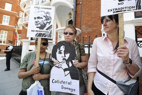 Supporters of WikiLeaks Founder Julian Assange gather outside the Ecuador Embassy in central London (Reuters)
