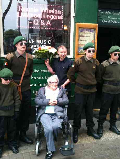 NF members on Bachelors Walk, Dublin,  with family members of Mary Duffy who was brutally murdered by British Forces on Bachelors Walk, 26th of July, 1914. Pictured in the photo is the granddaughter of Mary Duffy.