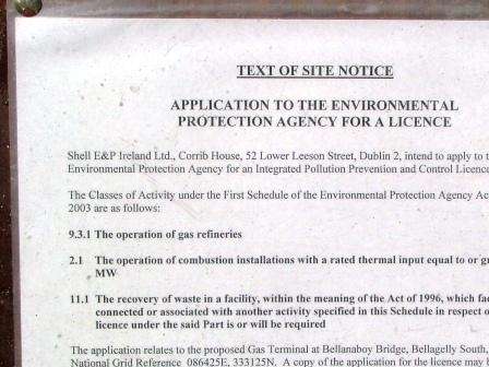 Planing Permission sign at Ballinaboy Refinery site