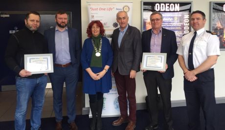 Pictured: Maciej Krzetowski, Stephen Maher, Carmel Kelly (Mayor of Naas), Conor Furey (Assistant Governor Rotary Ireland), Gerry Shinners and Superintendent Oliver Henry of Naas Garda Station at Just One Life in Odeon Cinema Naas 05/March/2020
