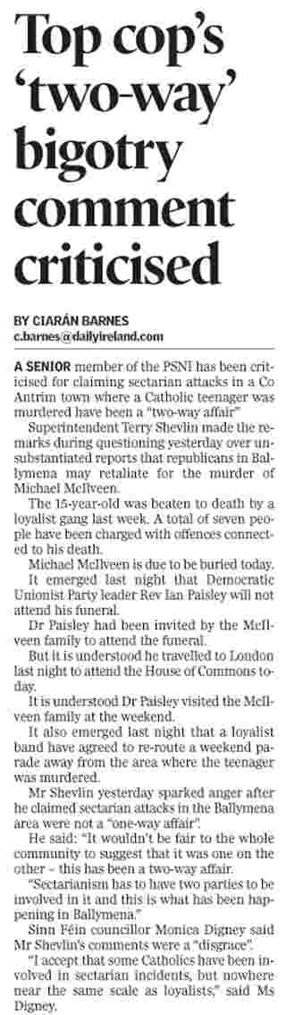Daily Ireland front page (17 may 2006) on criticism of PSNI (story continued in paper)