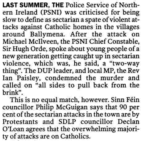 Unionist sectarianism, a "two-way thing", says PSNI's Hugh Orde (McKay IT 13 May 06)