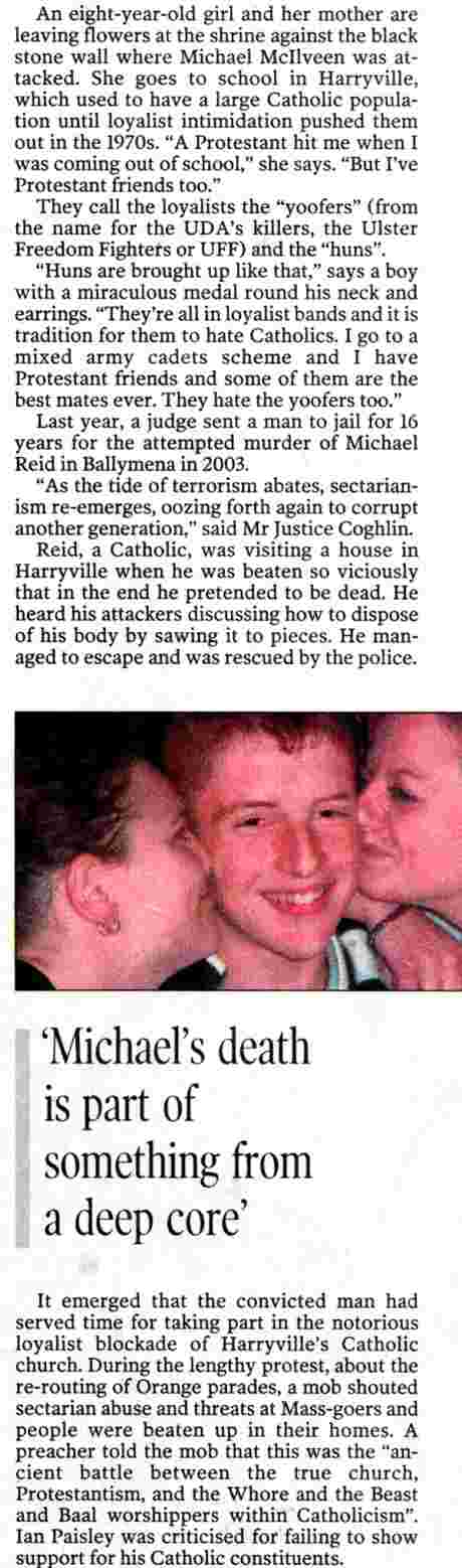 Picture of Michael McIlveen being kissed by Protestant friends - text indicates nexus of unionist sectarianism (McKay IT 13 May 06)