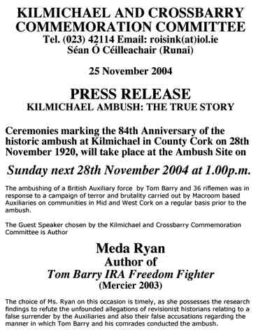 Meda Ryan speaks at Kilmichael Commemoration Nov 28 at 1pm