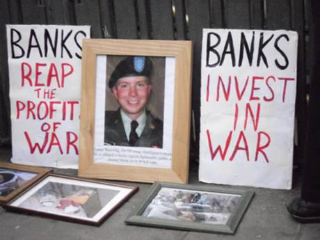 Shrine - Bradley Manning "Banks Reap the Profits of War", "Banks Invest in War"