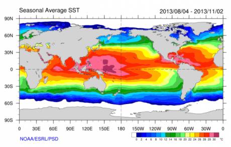 Seasonal Ocean Surface Temps, Average Value, August-November, 2013. Image Source: NOAA