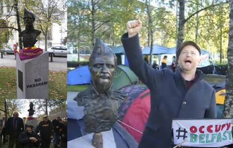 Billy Bragg sings 'The Internationale' at the memorial to the International Brigades at Occupy Belfast 