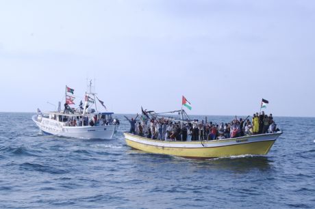 First boats arrive to greet us outside Gaza Port